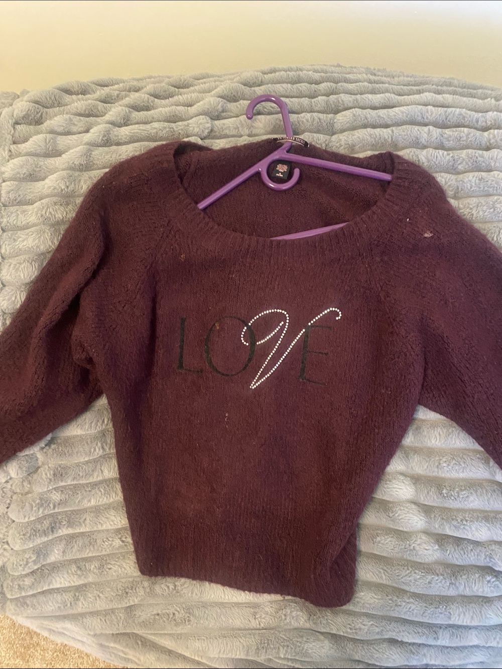 Victoria's Secret Burgundy 'LOVE' Crewneck Sweater with Rhinestone Accent